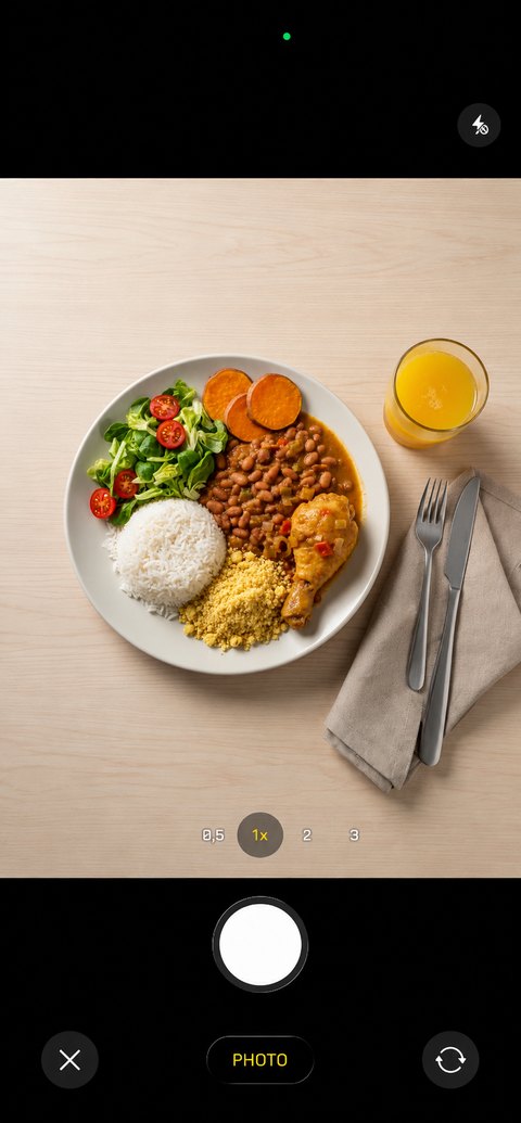 Tela de câmera do Balance Cal enquadrando um prato de comida