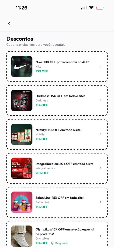 Tela de Descontos do Balance Cal com cupons exclusivos de marcas parceiras