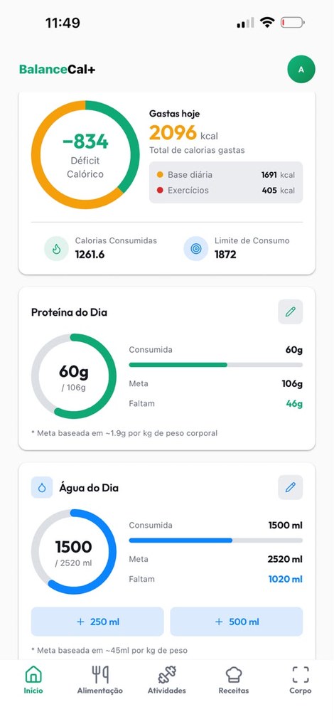 Tela inicial com o déficit calórico, calorias gastas e consumidas do dia (o balanço)