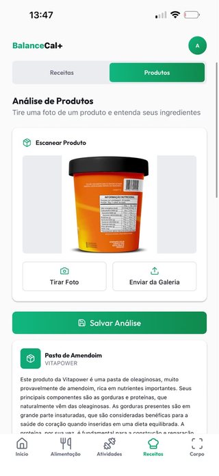 Análise de produtos do Balance Cal: escanear rótulo pela foto