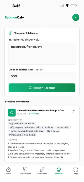 Planejador Inteligente do Balance Cal: ingredientes, limite de calorias e receitas sugeridas